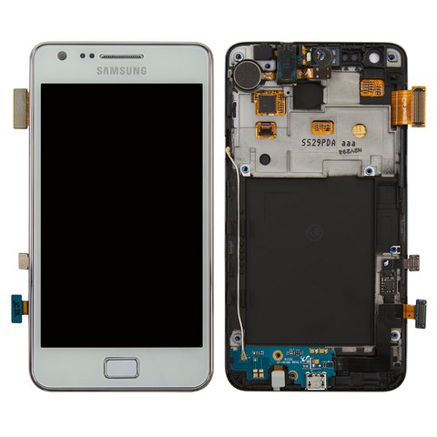 Дисплей для Samsung I9100 Galaxy S2, білий, з рамкою, Оригінал переклеєне скло 