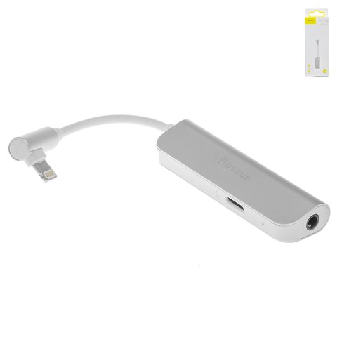 Адаптер Baseus L50S, с Lightning на 3,5 мм 2 в 1, поддерживает функции микрофона, Г образный, TRRS 3.5 мм, Lightning, серебристый, 2 A, #CALL50S 02