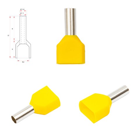 Наконечник TE2508, для 2х проводов, трубчастый, изолированный, желтый, 10 шт., 2,5 мм², 8 мм